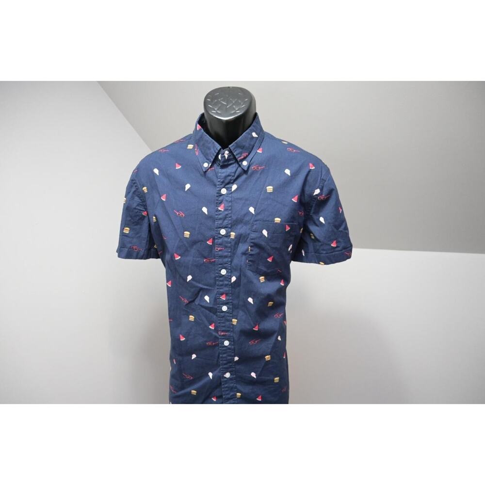 J Crew Flex Button Up Graphic Dress Shirt Dark Blue Short Sleeve Mens Sz Large